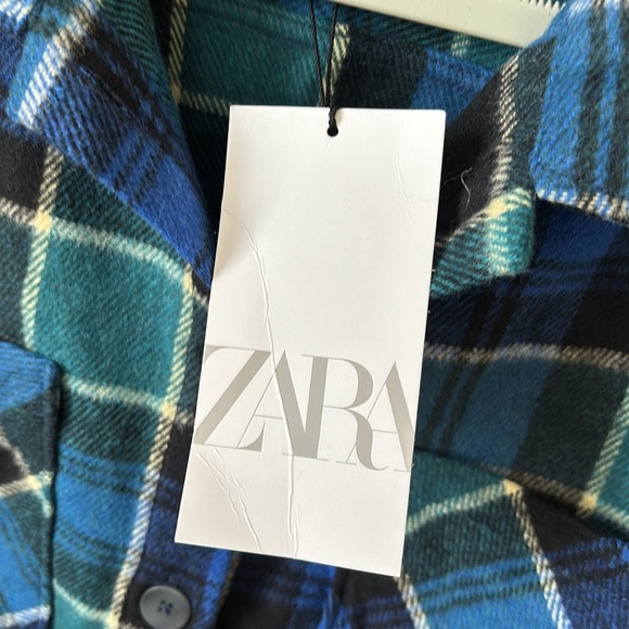 Zara Women’s Plaid Flannel Oversized Button Down Shirt Blue Green Size Small - Picture 6 of 12